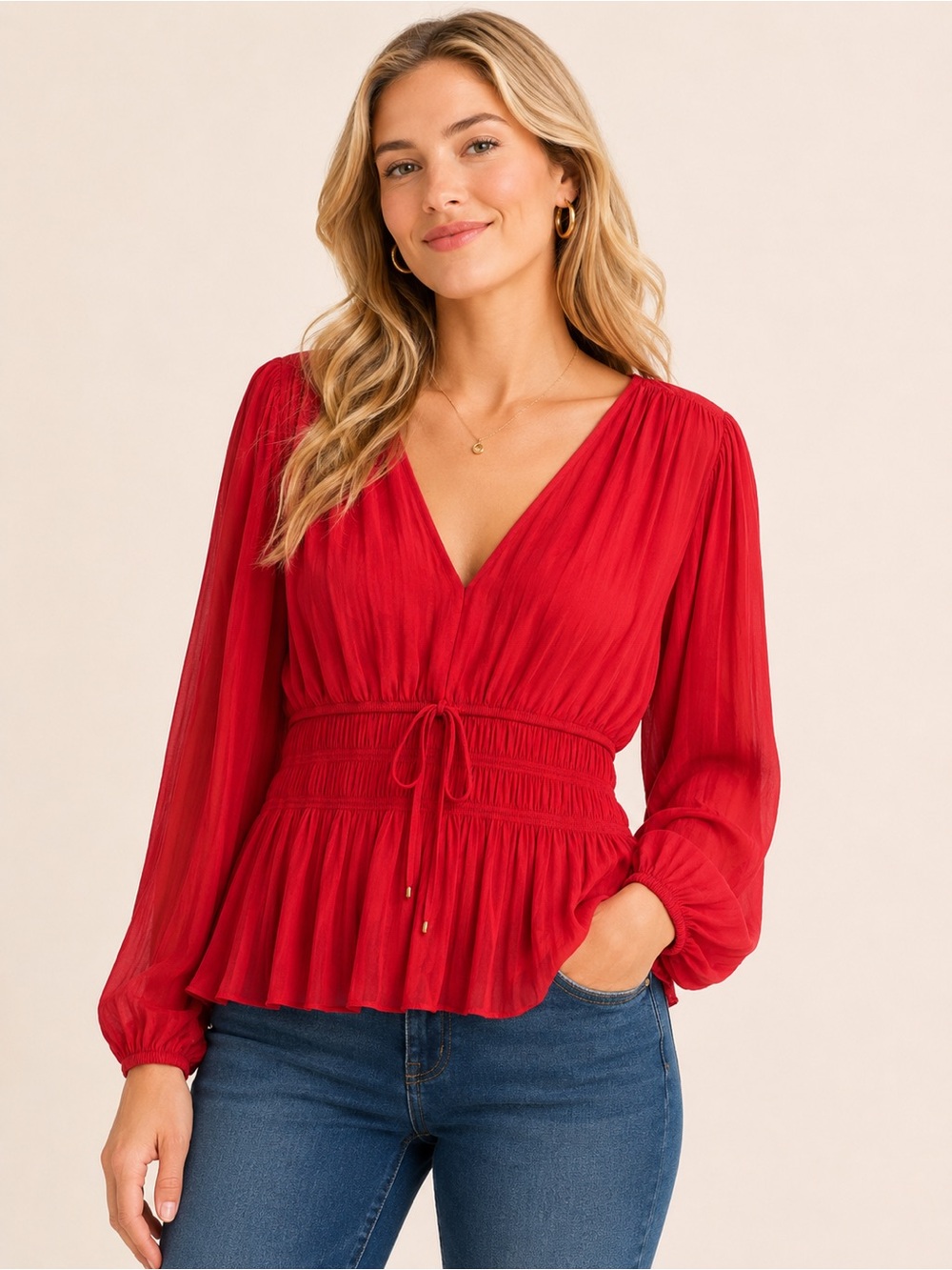 WHITE HOUSE BLACK MARKET Smocked Peplum Blouse – Red – XL – NWT